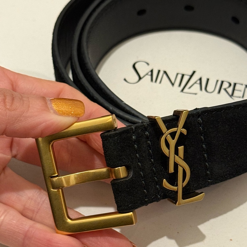 Saint Laurent Black Leather Belt with Gold Buckle - Picture 4 of 11